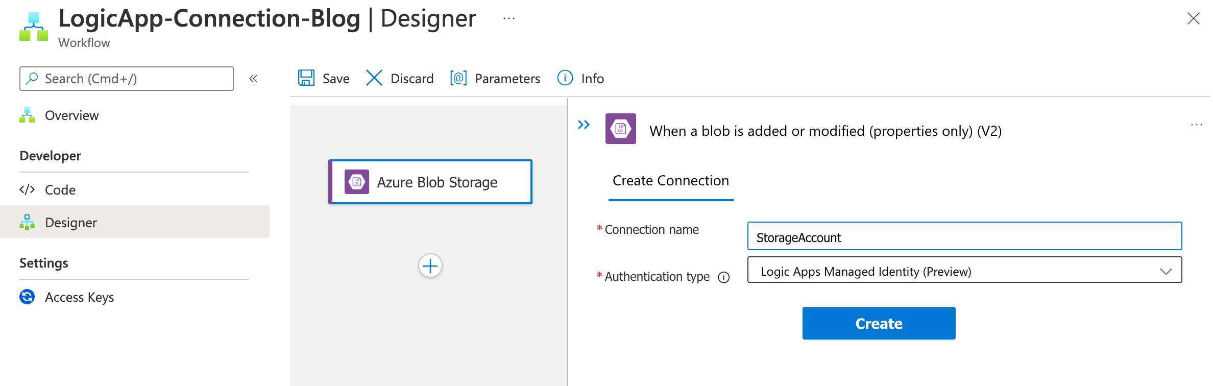 Screenshot of creating an Azure Blob connection in the Azure Portal